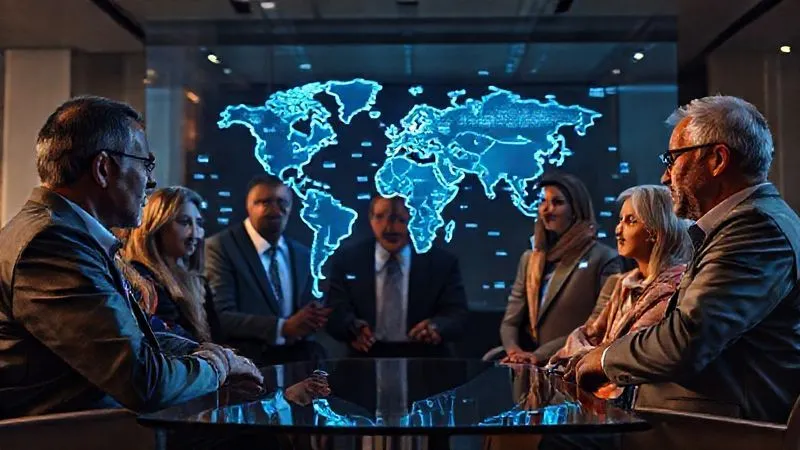 A photorealistic, professional photography, 8K, cinematic lighting image depicting diverse global leaders (not specific individuals) engaged in a collaborative discussion around a holographic projection of a global economic chart, symbolizing international cooperation and strategic planning. The setting is modern and professional. Sharp focus, depth of field, shot on a high-end DSLR. The mood is serious yet hopeful.
