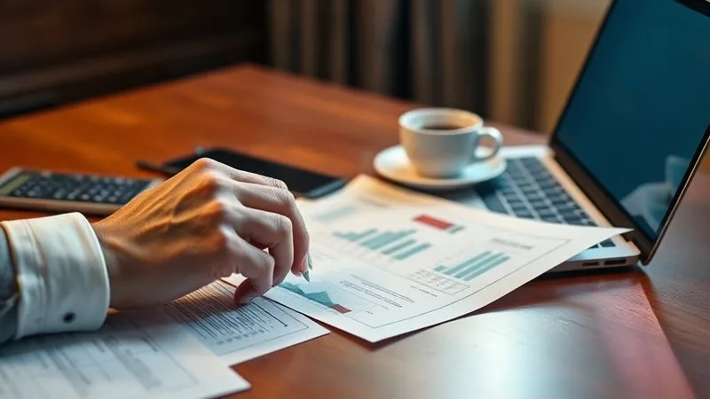A photorealistic image of a professional's hand meticulously going through financial documents, a calculator and a coffee cup on a polished wooden desk, the light from a laptop screen casting a soft glow. Sharp focus on the documents, 8K hyper-detailed.