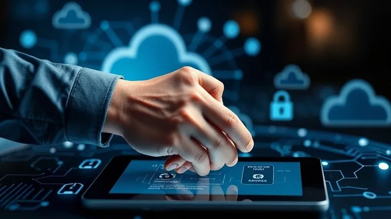 A photorealistic, professional photography, 8K, cinematic lighting, sharp focus, depth of field, shot on a high-end DSLR of two hands shaking over a digital contract displayed on a tablet, surrounded by abstract representations of cloud services and data streams, symbolizing secure vendor agreements in FinTech.