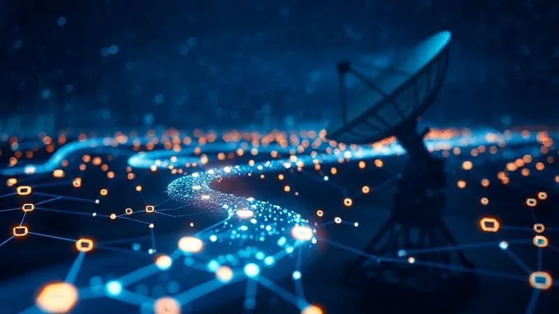 A photorealistic image of a secure, transparent data pipeline flowing from a satellite dish into a blockchain network represented by glowing hexagonal nodes, with a focus on data integrity and security. Cinematic lighting, sharp focus on the data flow, depth of field blurring the background. 8K hyper-detailed, professional photography, shot on a high-end DSLR.