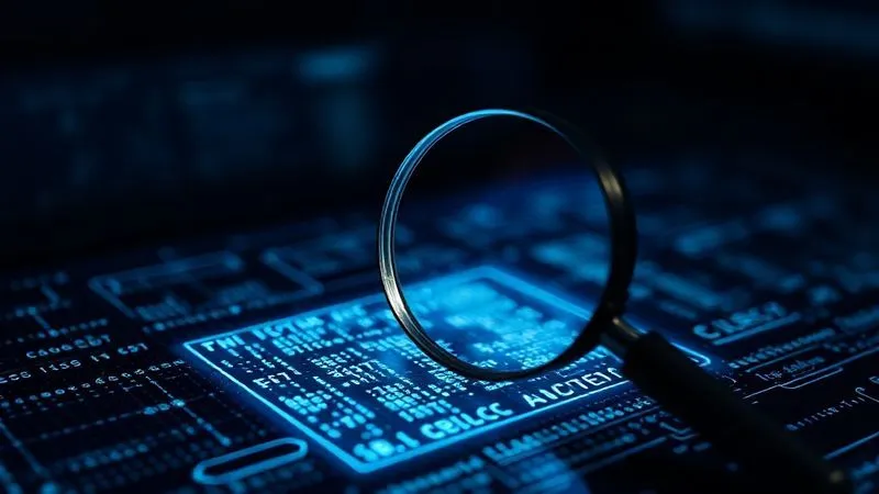 A photorealistic image of a secure, transparent data ledger represented by glowing lines of code on a holographic interface, with a magnifying glass hovering over it, symbolizing meticulous auditing and security checks. Dark, professional setting with subtle blue and green light, sharp focus on the ledger and magnifying glass, depth of field blurring the background. 8K hyper-detailed, professional photography, shot on a high-end DSLR.