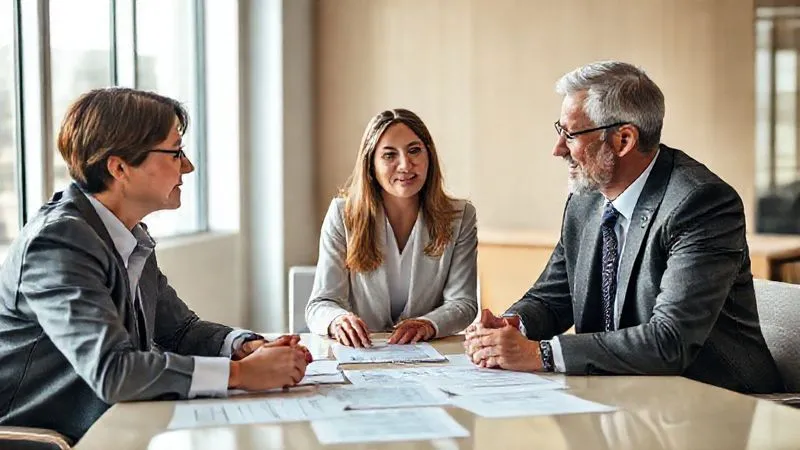A photorealistic image of three diverse professionals (a lawyer, a financial advisor, and a client) in a modern office, engaged in a serious but reassuring discussion around a table, documents spread out, natural light, professional photography, 8K, cinematic lighting, sharp focus, depth of field