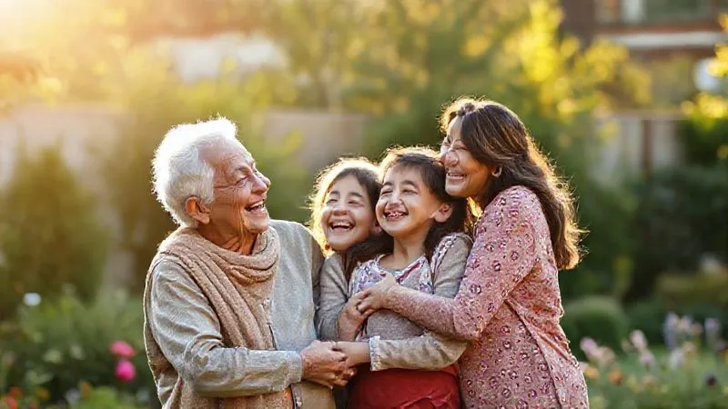 A photorealistic image of three generations of a family (grandparents, parents, children) laughing and embracing in a sunlit garden, symbolizing peace of mind and family unity, warm tones, professional photography, 8K, cinematic lighting, sharp focus, depth of field