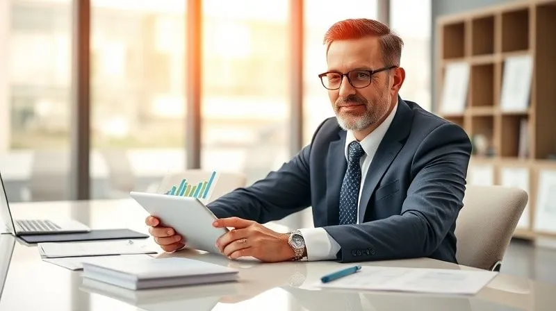 A photorealistic image of a professional at a clean, modern desk, looking confidently at a tablet displaying financial charts and graphs, surrounded by a few organized documents. The scene is bright and optimistic, conveying control and strategic planning. Professional photography, 8K, cinematic lighting, sharp focus on the tablet and professional's face, depth of field blurring the background, shot on a high-end DSLR.
