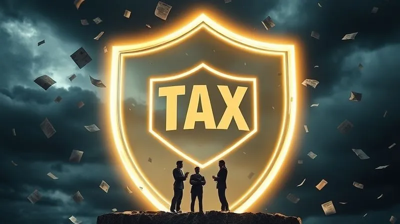 A photorealistic image of a sturdy, glowing shield made of light, protecting a small group of professionals from falling tax documents and a dark, stormy sky in the background. The shield represents financial security and protection. Professional photography, 8K, cinematic lighting, sharp focus on the shield and professionals, depth of field blurring the background, shot on a high-end DSLR.