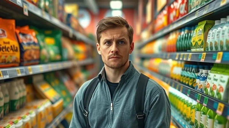 A photorealistic image of a confused consumer standing in a supermarket aisle, surrounded by product packaging with conflicting and exaggerated 'eco-friendly' labels and green imagery. The consumer has a thoughtful, slightly frustrated expression. Cinematic lighting, sharp focus on the consumer, depth of field blurring the background, 8K hyper-detailed, shot on a high-end DSLR.