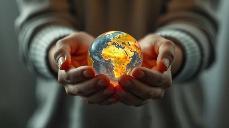 A photorealistic image of a person's hands gently cupped around a miniature, glowing globe, held thoughtfully against a soft, blurred background. The light source is warm and emanating from the globe, symbolizing hope and impact. Cinematic lighting, sharp focus on the hands and globe, depth of field, 8K hyper-detailed, shot on a high-end DSLR.