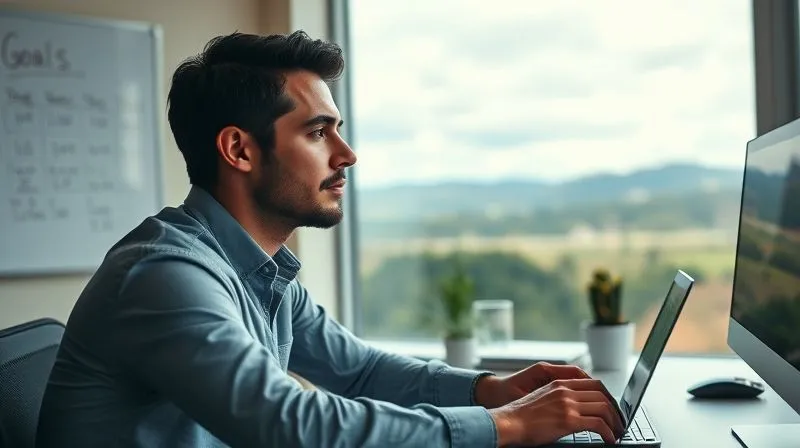 A photorealistic image of a thoughtful entrepreneur sitting at a desk, looking out a window at a serene landscape, with a whiteboard behind them showing blurred goals and timelines. Professional photography, 8K, cinematic lighting, sharp focus on the entrepreneur's contemplative expression, depth of field blurring the background, shot on a high-end DSLR.