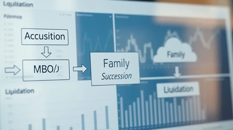 A photorealistic image of a detailed flowchart depicting various business exit routes, with arrows branching into 'Acquisition', 'MBO/ESOP', 'Family Succession', and 'Liquidation'. The chart is clean, professional, with subtle financial graphs in the background. Professional photography, 8K, cinematic lighting, sharp focus on the flowchart, depth of field blurring the background, shot on a high-end DSLR.