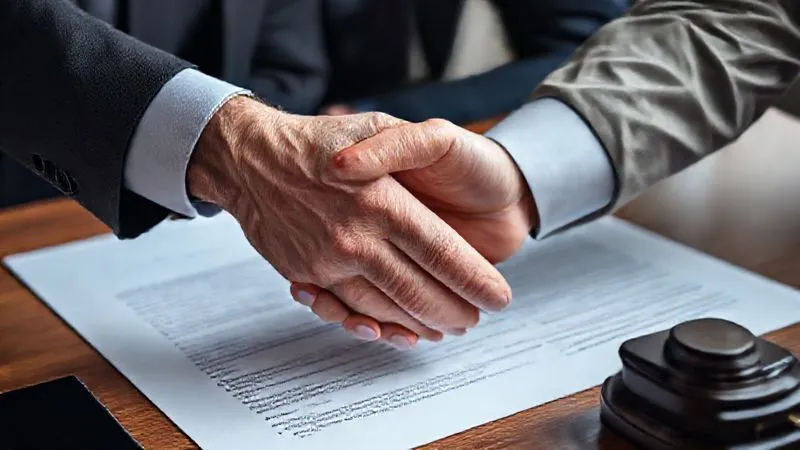 A photorealistic image of two hands shaking over a table with a legal document, representing a negotiation and agreement. One hand is slightly older, the other younger, conveying mentorship. Cinematic lighting, sharp focus.