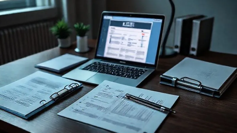 A photorealistic image of a neatly organized desk with a laptop displaying a credit report, a binder with financial documents, and a pen. The scene suggests meticulous preparation. Cinematic lighting, sharp focus.