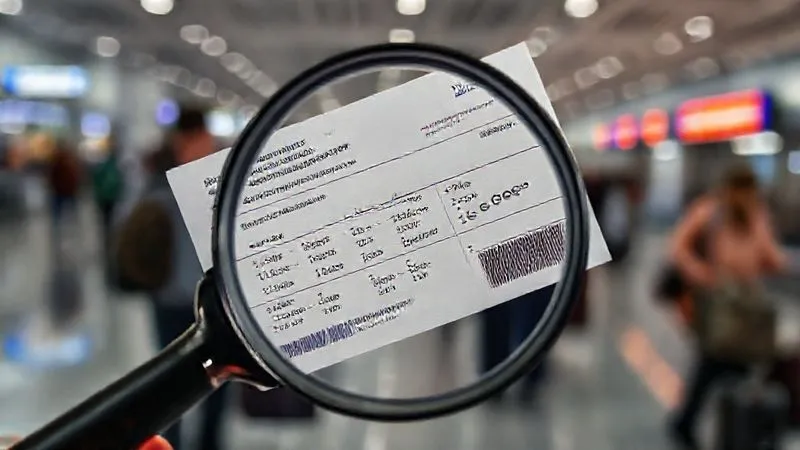 photorealistic, professional photography, 8K, cinematic lighting, sharp focus, depth of field, shot on a high-end DSLR. A close-up of a budget airline boarding pass with multiple small printed charges listed below the main fare, superimposed with a magnifying glass highlighting the 'ancillary fees' section. The background is a slightly blurred image of an airport terminal with travelers.