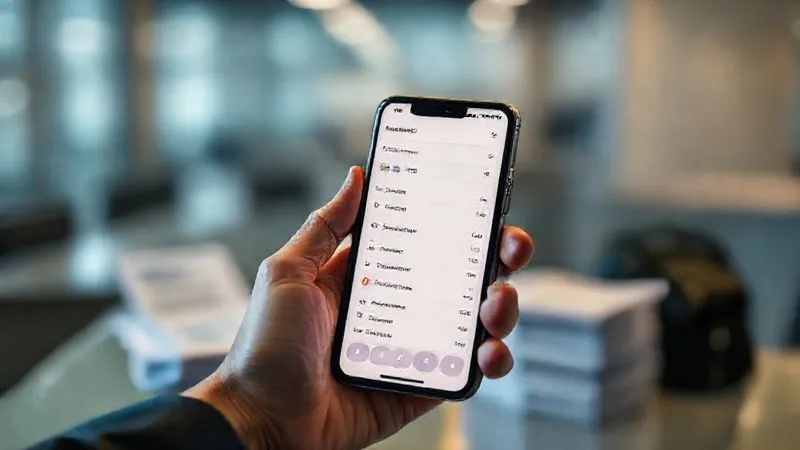 photorealistic, professional photography, 8K, cinematic lighting, sharp focus, depth of field, shot on a high-end DSLR. A person's hand holding a smartphone, clearly displaying an expense management app interface with a list of itemized travel expenses, including budget airline fees. In the background, a blurred image of a stack of physical receipts is visible, contrasting with the digital solution. The lighting is modern and bright.