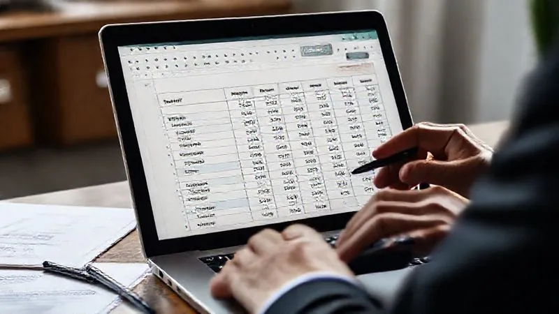 A photorealistic image of a detailed personal finance spreadsheet open on a laptop screen, showing categories for income, fixed expenses, variable expenses, and savings goals. A pen and calculator are next to the laptop, with a focused professional's hands visible, cinematic lighting, sharp focus, 8K hyper-detailed.