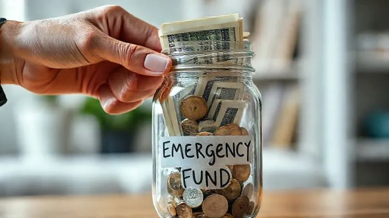 A photorealistic close-up of a hand placing a stack of crisp banknotes into a clear glass jar labeled "Emergency Fund," with other coins and bills already inside. The background is slightly blurred, suggesting a home environment. Cinematic lighting, sharp focus on the jar and money, 8K hyper-detailed.