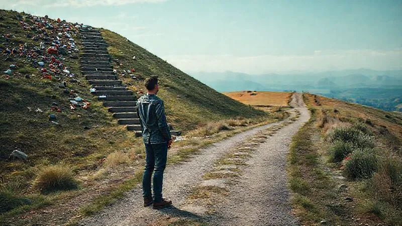 A photorealistic image of a person standing at a crossroads, one path leading up a steep hill covered in luxury items and the other a clear, ascending path towards a distant, serene financial landscape. The person looks contemplative, with cinematic lighting highlighting their thoughtful expression, 8K, sharp focus, depth of field.
