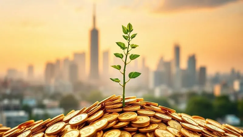 A photorealistic image of a small, vibrant green sapling growing robustly out of a pile of gold coins, symbolizing growth and wealth. The background is a slightly blurred, expansive financial district skyline at sunrise, conveying optimism and future potential. Professional photography, 8K, cinematic lighting, sharp focus on the sapling and coins, depth of field.