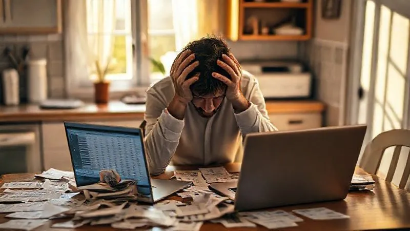 A photorealistic image of a person sitting at a kitchen table, head in hands, surrounded by scattered bills and a laptop displaying a complex spreadsheet, conveying financial stress and confusion. Soft, warm lighting from a window suggests a potential for hope. professional photography, 8K, cinematic lighting, sharp focus, depth of field, shot on a high-end DSLR.