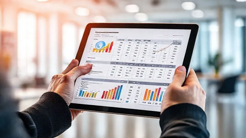 A photorealistic image of a person's hands holding a clear, organized spreadsheet on a tablet, with colorful charts representing debt reduction progress and savings growth, set against a blurred background of a modern, bright office. professional photography, 8K, cinematic lighting, sharp focus, depth of field, shot on a high-end DSLR.