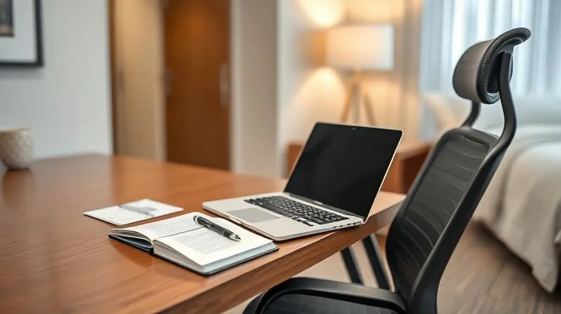 A photorealistic image of a modern, clean, and well-lit hotel room desk area. A laptop is open on the desk, with a professional notebook and pen beside it. A comfortable ergonomic chair is pulled up. The room has a neutral, professional decor. Cinematic lighting, sharp focus on the workspace, depth of field blurring the background. Professional photography, 8K, shot on a high-end DSLR.