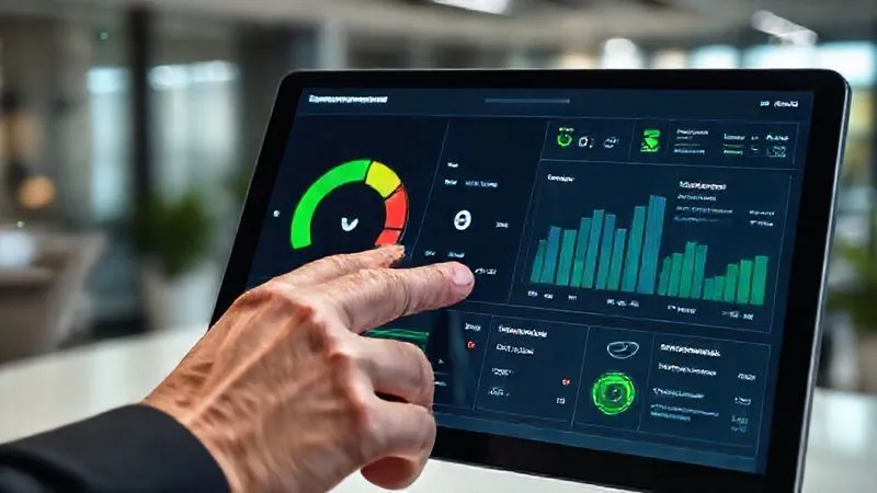 A photorealistic image of a sleek, modern digital dashboard displaying various credit score metrics: a prominent green gauge showing a high credit score, alongside graphs illustrating positive payment history, low credit utilization, and alerts for new inquiries. The screen is vibrant and easy to read, with a professional's hand gently touching a tablet, cinematic lighting, sharp focus on the screen, depth of field blurring a modern office background, 8K hyper-detailed.