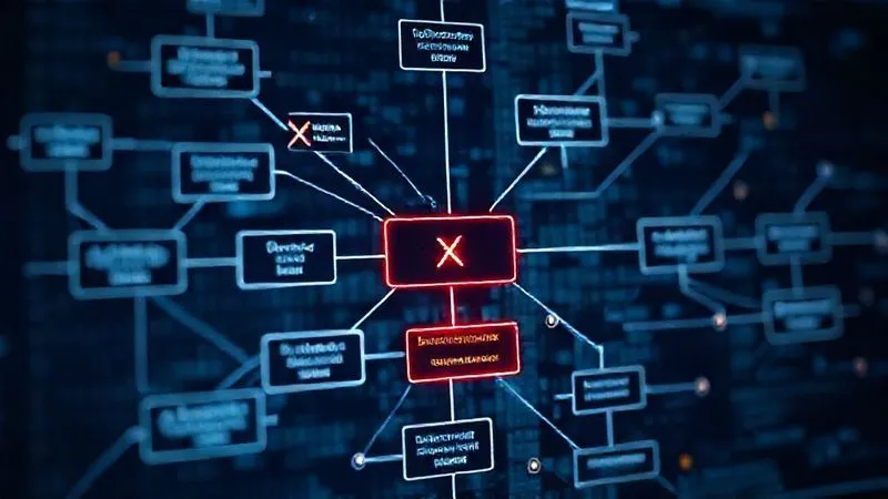 A photorealistic image of a complex digital flowchart with interconnected nodes, representing the IRS e-file validation process, with a red 'X' highlighting a broken connection. Cinematic lighting, 8K, professional photography, sharp focus, depth of field, shot on a high-end DSLR.