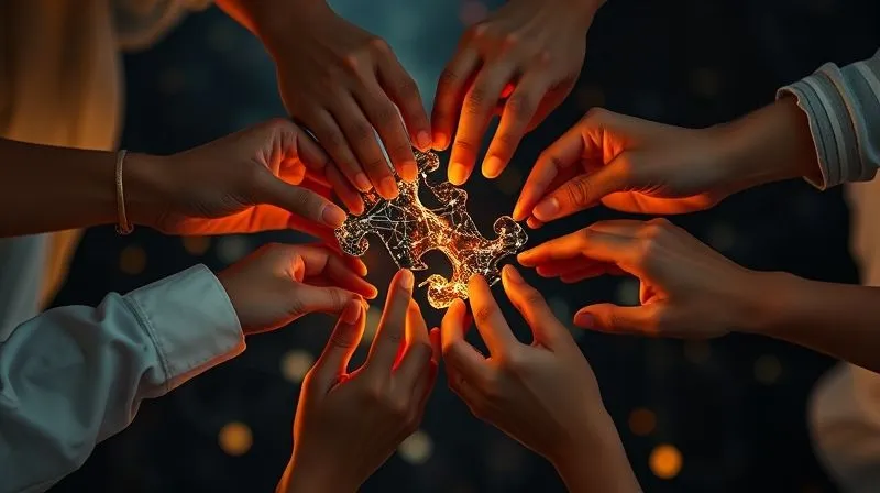 A photorealistic image of diverse hands, representing a global community, collectively assembling a complex digital puzzle piece together, illuminated by a warm, collaborative light. The puzzle pieces glow with data patterns, cinematic lighting, sharp focus on the hands and puzzle, depth of field blurring a background of connected digital nodes, 8K hyper-detailed, professional photography, shot on a high-end DSLR.