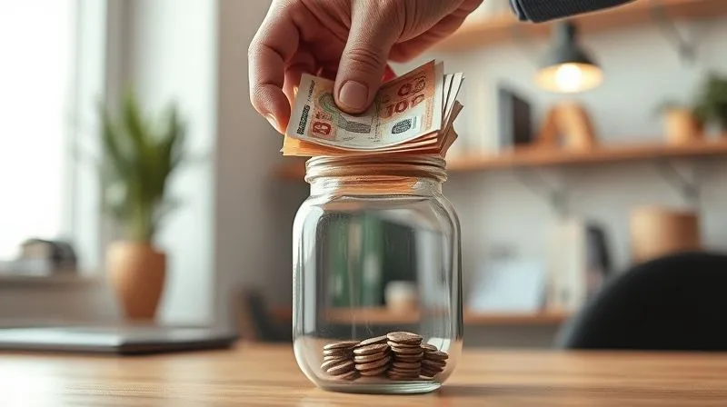 A photorealistic image of a person's hand placing a stack of crisp banknotes into a sleek, transparent savings jar, which is already half full. The background shows a blurred but modern home office setting, suggesting financial planning and discipline. Professional photography, 8K, cinematic lighting, sharp focus on the money and jar, depth of field, shot on a high-end DSLR, warm, encouraging tones.