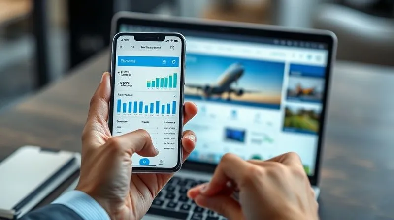A photorealistic image of a professional's hand holding a smartphone displaying a travel expense management app with clear charts and graphs, while a laptop in the background shows a flight comparison website. Cinematic lighting, sharp focus on the phone screen, depth of field blurring the background, 8K hyper-detailed, shot on a high-end DSLR.