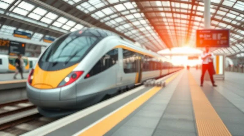 A photorealistic image of a sleek high-speed train pulling into a modern station, with a professional traveler checking their watch and a digital train schedule. The scene emphasizes efficient, cost-effective ground transportation. Cinematic lighting, sharp focus on the train and professional, depth of field blurring the background, 8K hyper-detailed, shot on a high-end DSLR.
