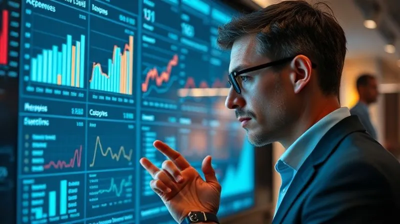 A photorealistic image of a business professional intently analyzing a large digital display showing complex data visualizations of travel expenses, including bar charts for categories and line graphs for trends over time. The scene conveys deep analytical insight. Cinematic lighting, sharp focus on the data, depth of field blurring the background, 8K hyper-detailed, shot on a high-end DSLR.