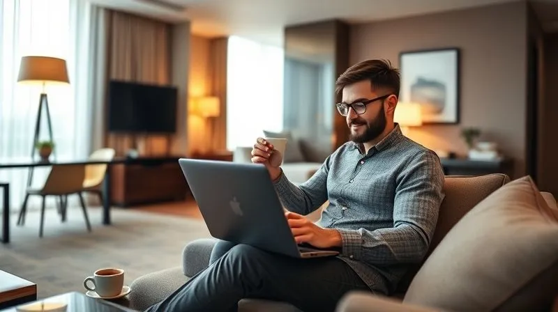 A photorealistic image of a professional working comfortably on a laptop in a spacious, modern hotel room, enjoying a cup of coffee. The room is well-lit and organized, conveying a sense of calm and productivity. Cinematic lighting, sharp focus on the professional and laptop, depth of field blurring the background, 8K hyper-detailed, shot on a high-end DSLR.