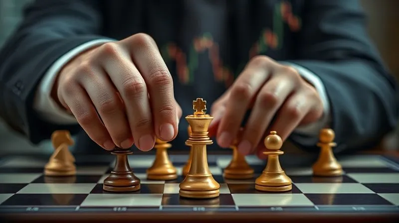 A photorealistic, professional photography, 8K image of a person's hands strategically moving chess pieces on a board, with a blurred background of financial graphs. The lighting is dramatic and focused, highlighting the hands and chess pieces, conveying a sense of strategic planning and determination. Sharp focus, depth of field. Shot on a high-end DSLR.