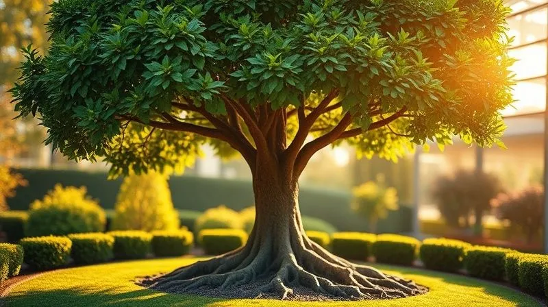 A photorealistic, professional photography, 8K image of a strong, healthy financial tree with deep roots, symbolizing robust financial growth and stability. The tree is thriving in a well-manicured garden, with golden sunlight illuminating its leaves. Sharp focus, depth of field blurring a serene, prosperous landscape. Shot on a high-end DSLR.
