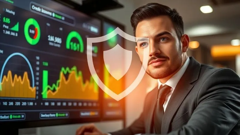 Photorealistic image of a professional looking confidently at a digital dashboard displaying a steadily rising credit score graph, with a protective shield icon overlayed, symbolizing financial security and future planning. 8K, cinematic lighting, sharp focus, depth of field.