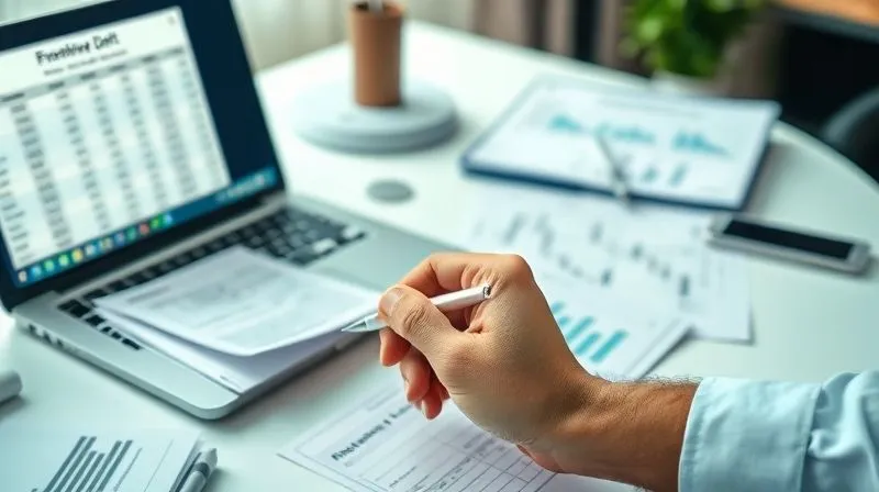 photorealistic, professional photography, 8K, cinematic lighting, sharp focus, depth of field, shot on a high-end DSLR. A meticulously organized desk of a professional, with financial statements neatly stacked, a laptop open to a spreadsheet showing debt figures, and a focused hand holding a pen. The scene conveys clarity, control, and a strategic approach to managing finances, with soft, directional lighting highlighting the documents.
