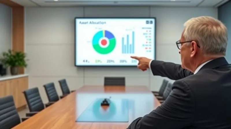 A photorealistic image of a business professional, mid-50s, pointing at a detailed financial projection on a large digital screen in a modern boardroom. The screen shows a pie chart illustrating asset allocation and potential divestment opportunities. There's a sense of strategic decision-making and clarity. 8K, cinematic lighting, sharp focus, depth of field, shot on a high-end DSLR.