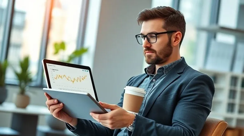 A photorealistic image of a self-employed professional, looking thoughtful and confident, analyzing a financial dashboard on a tablet with graphs and charts, while holding a cup of coffee in a bright, modern office setting. The scene conveys proactive financial planning and control, with a sense of calm determination.