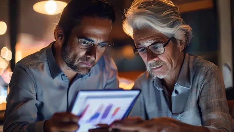 A photorealistic image of a financial advisor gently reassuring a client, both looking at a tablet displaying financial charts. The advisor has a calm, empathetic expression, and the client appears relieved. Soft, warm lighting, professional photography, 8K, cinematic lighting, sharp focus on the faces, depth of field blurring the background, shot on a high-end DSLR.