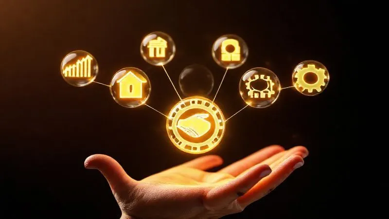 A photorealistic image showing five distinct, glowing spheres, each representing a different passive income stream (e.g., a stock chart, a house icon, a book icon, a handshake, a gear), interconnected by glowing lines, symbolizing diversification and a robust financial network. The spheres are floating above a stylized open hand, implying control and growth. professional photography, 8K, cinematic lighting, sharp focus, depth of field, shot on a high-end DSLR.