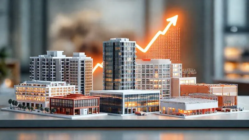 A photorealistic 3D rendering of a diverse portfolio of architectural models (e.g., a modern apartment complex, a sleek office building, a bustling retail center, a logistics warehouse), all neatly arranged on a minimalist table, with a glowing financial graph superimposed subtly in the background, symbolizing real estate investment and growth. professional photography, 8K, cinematic lighting, sharp focus, depth of field, shot on a high-end DSLR.