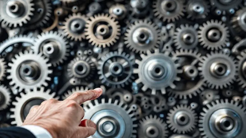A photorealistic image of a complex network of gears and cogs, seamlessly interlocking and turning automatically, symbolizing an efficiently automated business system. In the foreground, a professional's hand is subtly touching a control panel, indicating oversight rather than active labor. professional photography, 8K, cinematic lighting, sharp focus, depth of field, shot on a high-end DSLR.