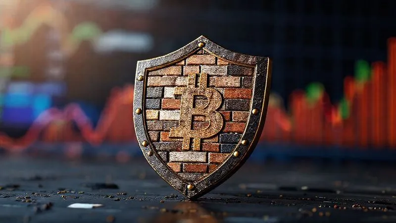 A photorealistic image of a strong, intricate financial shield made of interwoven different materials (e.g., gold, steel, digital circuits, brick textures), positioned firmly in the foreground, symbolizing robust diversification and risk protection for investments. The background is slightly blurred with abstract financial data. professional photography, 8K, cinematic lighting, sharp focus, depth of field, shot on a high-end DSLR.