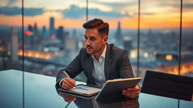 photorealistic, professional photography, 8K, cinematic lighting, sharp focus, depth of field, shot on a high-end DSLR. A busy professional, male or female, mid-career, sits thoughtfully at a sleek desk, overlooking a city skyline at dusk. They are holding a pen and looking at a financial projection chart on a tablet, with a focused, contemplative expression, symbolizing deep thought about future financial goals. The lighting is soft and ambient.