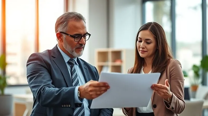 photorealistic, professional photography, 8K, cinematic lighting, sharp focus, depth of field, shot on a high-end DSLR. A diverse, professional financial advisor, mid-40s, is engaged in a thoughtful discussion with a busy professional client, mid-30s, in a modern, sunlit office. They are both looking at a financial plan on a screen, with confident and reassuring body language, symbolizing expert guidance and trust in financial planning.