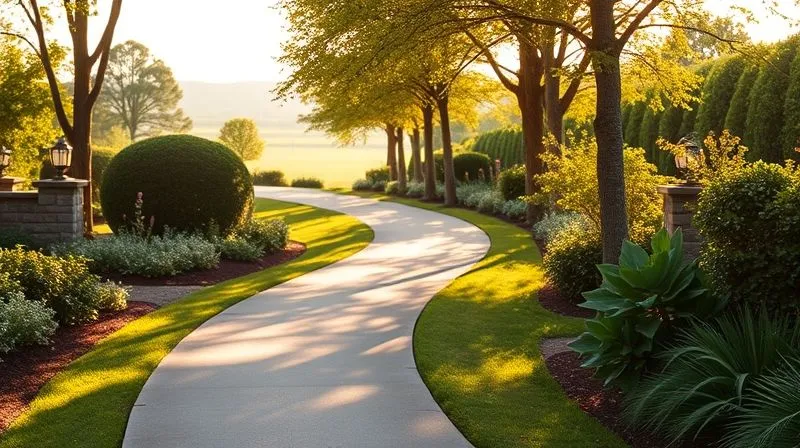 photorealistic, professional photography, 8K, cinematic lighting, sharp focus, depth of field, shot on a high-end DSLR. A winding, well-maintained path through a serene, sunlit garden, leading towards a bright, open horizon. The path is clear and inviting, symbolizing a well-planned financial journey towards freedom and future success. Gentle light filters through trees, creating a hopeful atmosphere.
