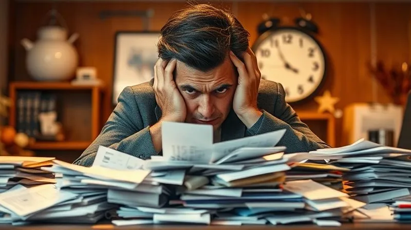 A photorealistic image of a professional looking stressed and overwhelmed amidst a pile of disorganized receipts and documents on their desk, head in hands, with a clock in the background showing late hours. The scene is lit with harsh office lighting, conveying the pressure and difficulty of the task. Sharp focus on the receipts, depth of field blurring the background, 8K hyper-detailed, professional photography, shot on a high-end DSLR.