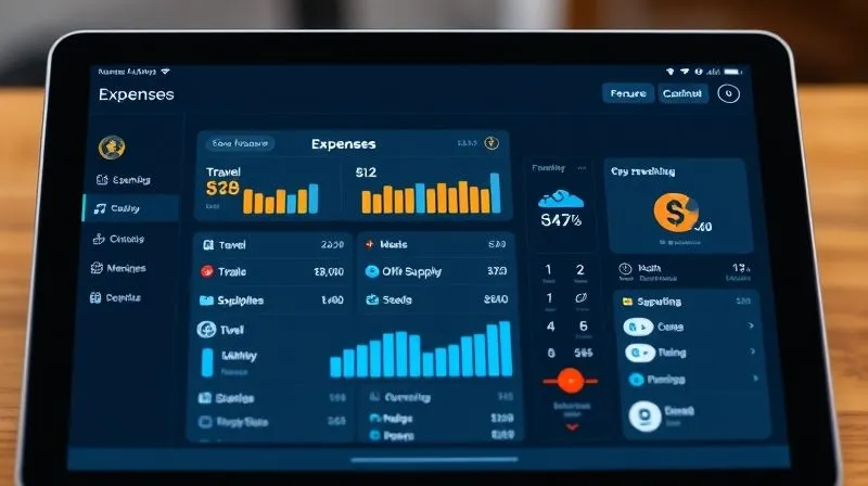 A photorealistic, detailed screenshot of a modern expense tracking app interface on a tablet, showing a dashboard with categorized expenses (e.g., 'Travel', 'Meals', 'Office Supplies'), bar charts of spending, and a feature for scanning receipts. The screen is clear and user-friendly, with subtle digital glow, 8K hyper-detailed, professional photography, shot on a high-end DSLR.