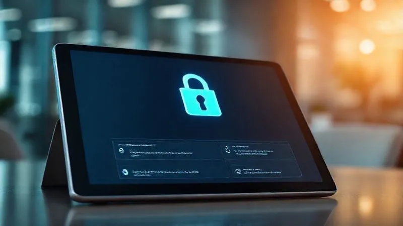 A photorealistic image of a sleek, modern digital client portal interface on a tablet, with a stylized padlock icon prominently displayed. The background shows a blurred financial office setting, suggesting security and professionalism. The tablet screen displays encrypted messages and secure document links. Professional photography, 8K, cinematic lighting, sharp focus on the tablet, depth of field blurring the background, shot on a high-end DSLR.