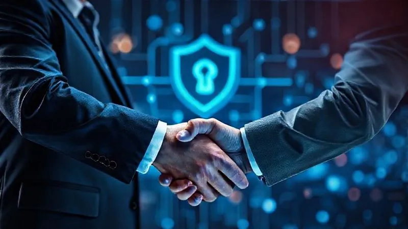 A photorealistic, professional image depicting a handshake between a financial advisor and a cybersecurity expert, symbolizing a secure partnership. In the background, abstract digital data streams are flowing securely, protected by a stylized shield icon. The lighting is crisp and professional. Professional photography, 8K, cinematic lighting, sharp focus on the handshake, depth of field blurring the background, shot on a high-end DSLR.
